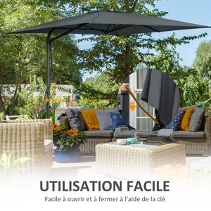 Parasol déporté carré 2,5 x 2,5 m, parasol de jardin extérieur protection UV ouvrir et fermer rapidement et facilement base croisée incluse pour balcon patio terrasse gris foncé