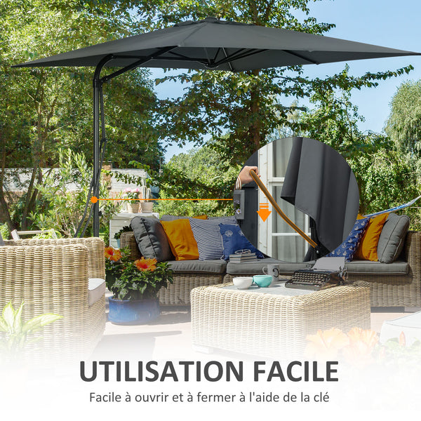 Parasol déporté carré 2,5 x 2,5 m, parasol de jardin extérieur protection UV ouvrir et fermer rapidement et facilement base croisée incluse pour balcon patio terrasse gris foncé