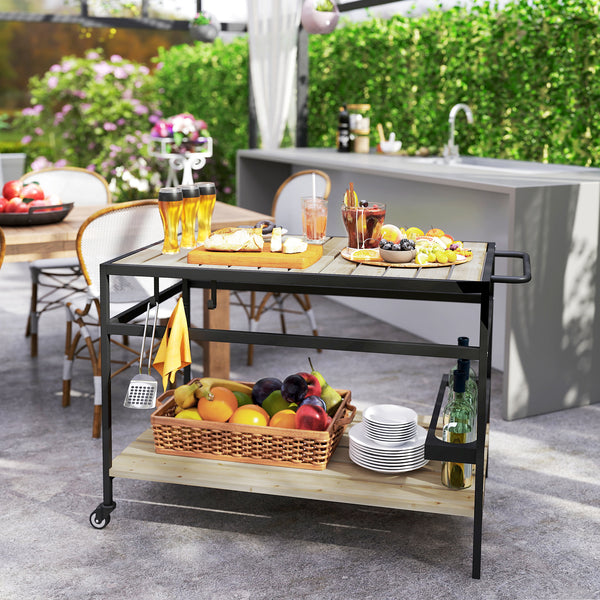 Desserte de jardin chariot pour plancha barbecue en bois et métal avec 2 étagères et 3 crochets - 107 x 65 x 80 cm noir naturel