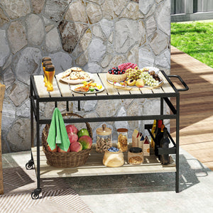 Desserte de jardin chariot pour plancha barbecue en bois et métal avec 2 étagères et 3 crochets - 107 x 65 x 80 cm noir naturel