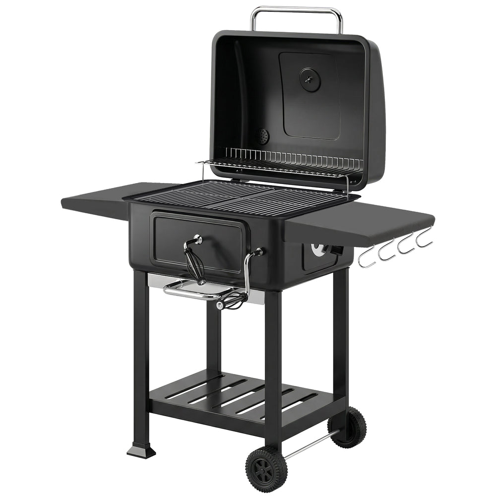 Barbecue charbon de bois avec bac à charbon réglable, chariot grill de jardin fumoir avec grille de maintien au chaud, tablettes latérales, cheminée, aérations, roues et thermomètre, noir