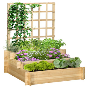 Carré potager jardinière à 3 étages avec treillis lit surélevé en bois sans fond pour plantes grimpantes, légumes, fleurs - bois naturel