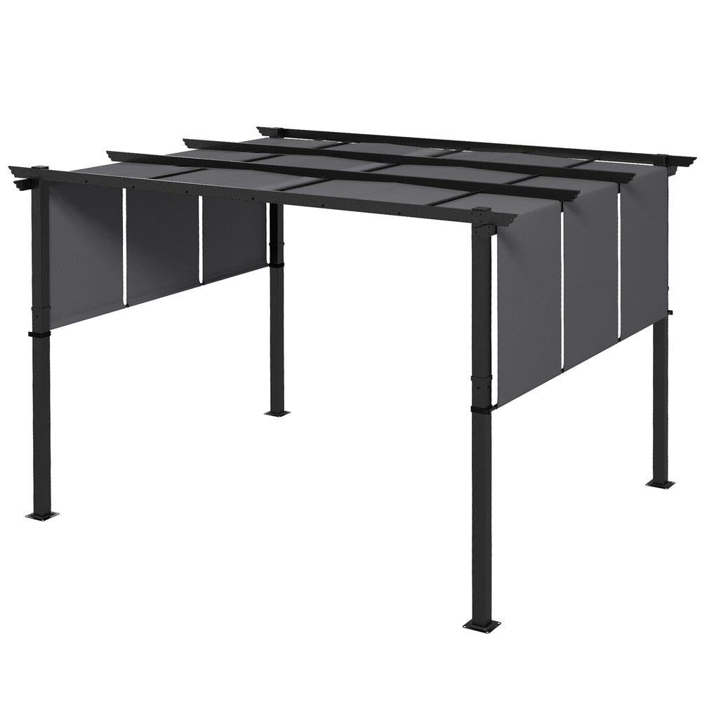 Pergola avec 3 toiles coulissantes 3,5 x 3 x 2,35 m structure acier noir toile polyester haute densité gris foncé