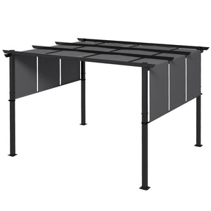 Pergola avec 3 toiles coulissantes 3,5 x 3 x 2,35 m structure acier noir toile polyester haute densité gris foncé