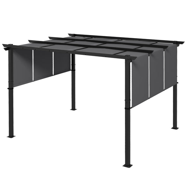 Pergola avec 3 toiles coulissantes 3,5 x 3 x 2,35 m structure acier noir toile polyester haute densité gris foncé