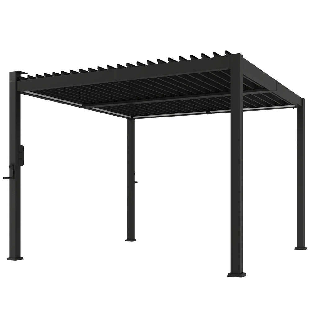 Pergola bioclimatique 3x3m avec lumières LED solaires, pergola à lames orientables, toit métallique, gouttières, manivelle, tonnelle de jardin abri terrasse, protection soleil, noir