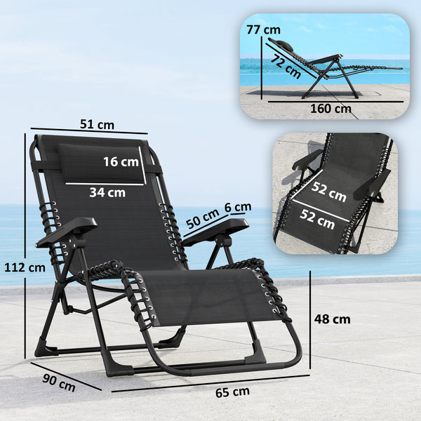 Lot de 2 bain de soleil, chaise longue pliante avec appuie-tête en textilène, transat jardin extérieur inclinable de plage camping piscine terrasse, 90 x 65 x 112 cm, noir