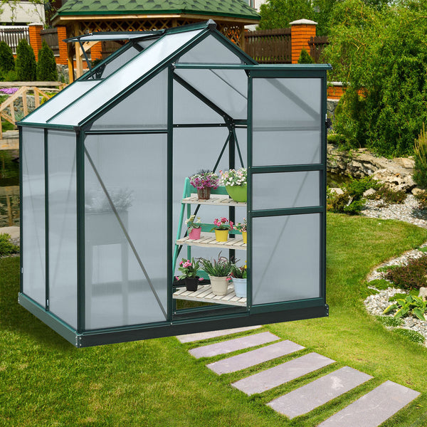 Serre de jardin polycarbonate 2,51 m² serre en aluminium pour le jardin 190 x 132 x 201 cm résistant aux UV, avec fondation renforcé, gouttière, lucarne et porte coulissant, Vert foncé