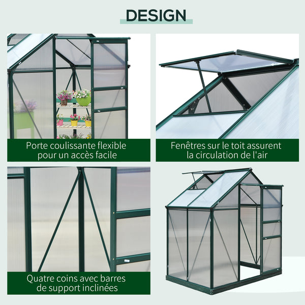 Serre de jardin polycarbonate 2,51 m² serre en aluminium pour le jardin 190 x 132 x 201 cm résistant aux UV, avec fondation renforcé, gouttière, lucarne et porte coulissant, Vert foncé