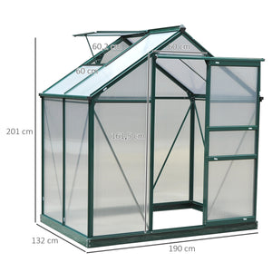 Serre de jardin polycarbonate 2,51 m² serre en aluminium pour le jardin 190 x 132 x 201 cm résistant aux UV, avec fondation renforcé, gouttière, lucarne et porte coulissant, Vert foncé