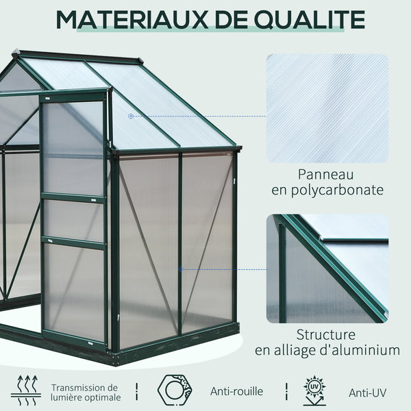 Serre de jardin polycarbonate 2,51 m² serre en aluminium pour le jardin 190 x 132 x 201 cm résistant aux UV, avec fondation renforcé, gouttière, lucarne et porte coulissant, Vert foncé