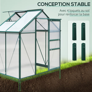 Serre de jardin polycarbonate 2,51 m² serre en aluminium pour le jardin 190 x 132 x 201 cm résistant aux UV, avec fondation renforcé, gouttière, lucarne et porte coulissant, Vert foncé
