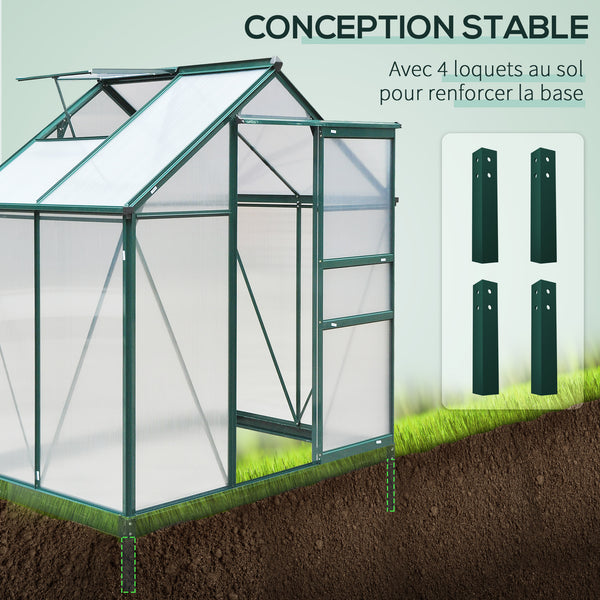 Serre de jardin polycarbonate 2,51 m² serre en aluminium pour le jardin 190 x 132 x 201 cm résistant aux UV, avec fondation renforcé, gouttière, lucarne et porte coulissant, Vert foncé