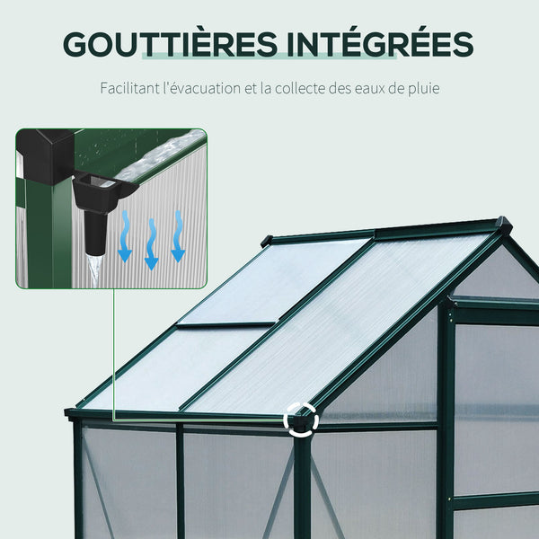 Serre de jardin polycarbonate 2,51 m² serre en aluminium pour le jardin 190 x 132 x 201 cm résistant aux UV, avec fondation renforcé, gouttière, lucarne et porte coulissant, Vert foncé