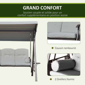 Balancelle de jardin 3 places grand confort toit inclinaison réglable coussins plateaux rétractables polyester filé gris clair