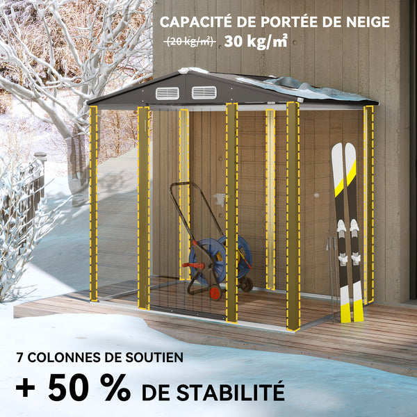 Abri de jardin en métal 2,27 m², facile à monter, structure en acier galvanisé améliorée, abri à outils extérieur, toiture 2 pans avec aérations, gants et cadenas inclus, 190x131x188cm, gris