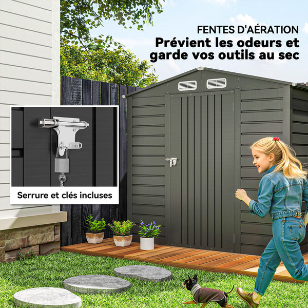 Abri de jardin en métal 2,27 m², facile à monter, structure en acier galvanisé améliorée, abri à outils extérieur, toiture 2 pans avec aérations, gants et cadenas inclus, 190x131x188cm, gris