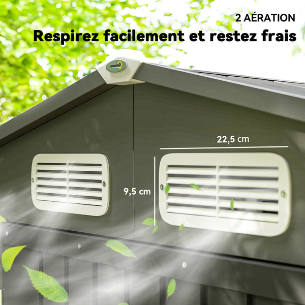 Abri de jardin en métal 2,27 m², facile à monter, structure en acier galvanisé améliorée, abri à outils extérieur, toiture 2 pans avec aérations, gants et cadenas inclus, 190x131x188cm, gris