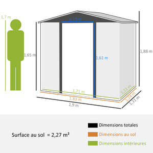 Abri de jardin en métal 2,27 m², facile à monter, structure en acier galvanisé améliorée, abri à outils extérieur, toiture 2 pans avec aérations, gants et cadenas inclus, 190x131x188cm, gris