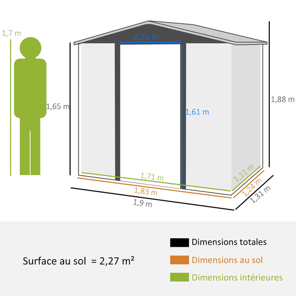 Abri de jardin en métal 2,27 m², facile à monter, structure en acier galvanisé améliorée, abri à outils extérieur, toiture 2 pans avec aérations, gants et cadenas inclus, 190x131x188cm, gris
