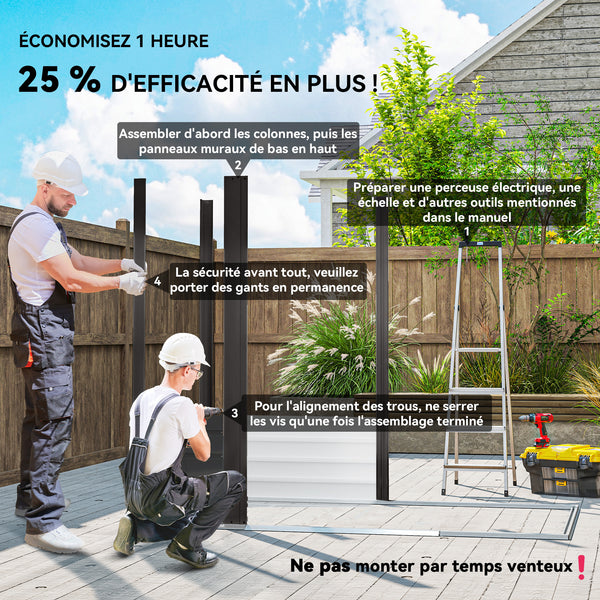 Abri de jardin en métal 2,27 m², facile à monter, structure en acier galvanisé améliorée, abri à outils extérieur, toiture 2 pans avec aérations, gants et cadenas inclus, 190x131x188cm, gris