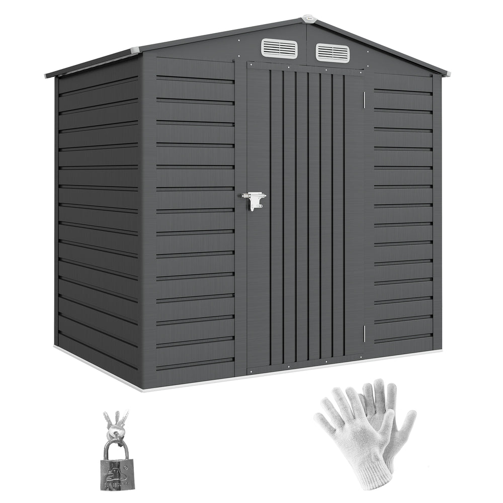 Abri de jardin en métal 2,27 m², facile à monter, structure en acier galvanisé améliorée, abri à outils extérieur, toiture 2 pans avec aérations, gants et cadenas inclus, 190x131x188cm, gris