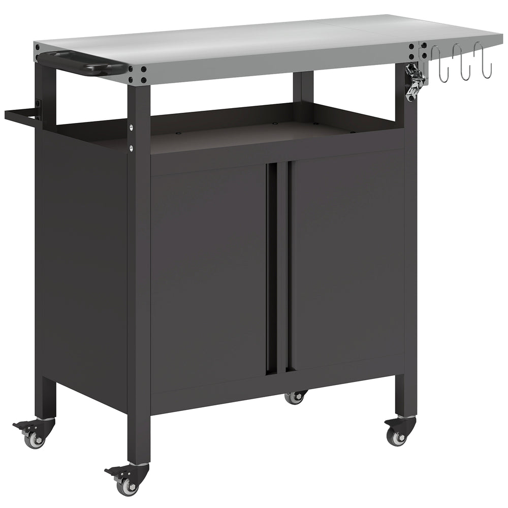 Desserte jardin chariot de barbecue avec tablette pliable, desserte pour plancha avec plateau en acier inoxydable et crochets, desserte extérieur à roulettes, 116 x 50 x 93 cm, noir
