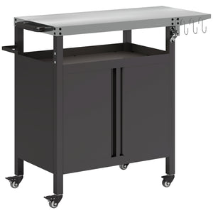 Desserte jardin chariot de barbecue avec tablette pliable, desserte pour plancha avec plateau en acier inoxydable et crochets, desserte extérieur à roulettes, 116 x 50 x 93 cm, noir