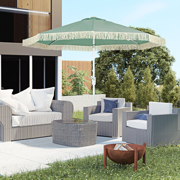 Parasol de jardin parasol extérieur inclinable à franges avec manivelle 8 baleines dim. Ø 2,65 x 2,45 H m vert