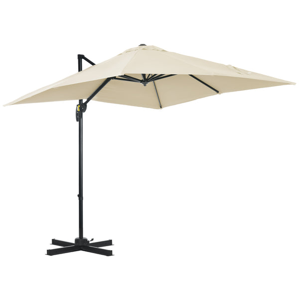 Parasol déporté carré inclinable manivelle avec pied en acier dim. 2,5L x 2,5l m alu. polyester haute densité crème