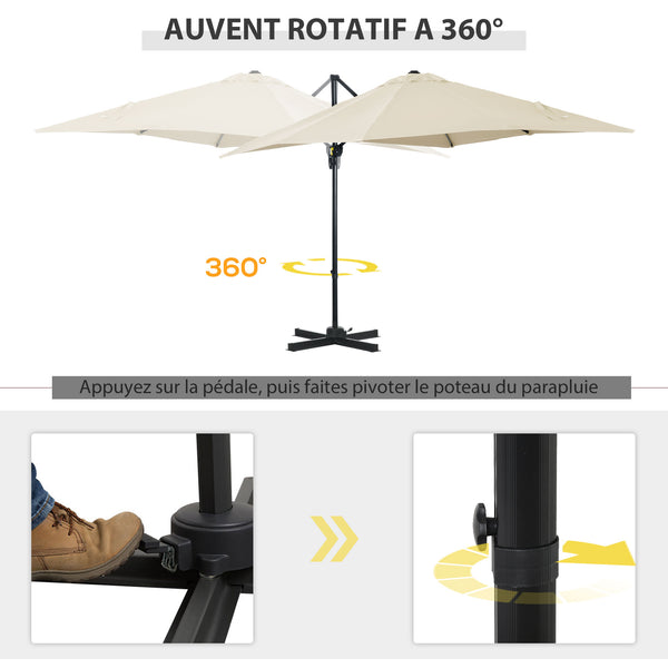Parasol déporté carré inclinable manivelle avec pied en acier dim. 2,5L x 2,5l m alu. polyester haute densité crème