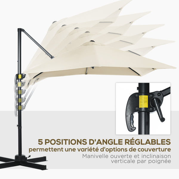 Parasol déporté carré inclinable manivelle avec pied en acier dim. 2,5L x 2,5l m alu. polyester haute densité crème