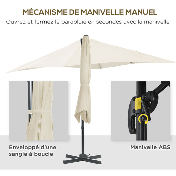 Parasol déporté carré inclinable manivelle avec pied en acier dim. 2,5L x 2,5l m alu. polyester haute densité crème