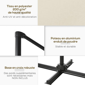 Parasol déporté carré inclinable manivelle avec pied en acier dim. 2,5L x 2,5l m alu. polyester haute densité crème