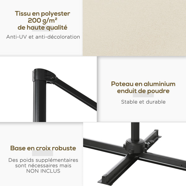 Parasol déporté carré inclinable manivelle avec pied en acier dim. 2,5L x 2,5l m alu. polyester haute densité crème