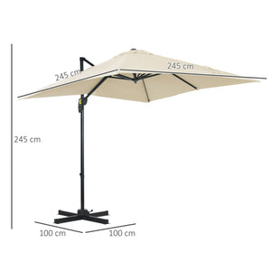 Parasol déporté carré inclinable manivelle avec pied en acier dim. 2,5L x 2,5l m alu. polyester haute densité crème