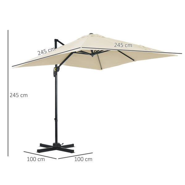 Parasol déporté carré inclinable manivelle avec pied en acier dim. 2,5L x 2,5l m alu. polyester haute densité crème