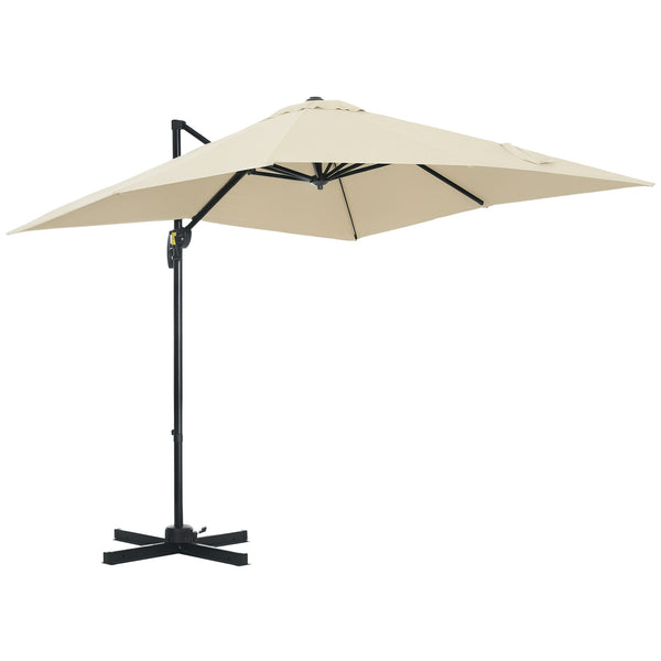 Parasol déporté carré inclinable manivelle avec pied en acier dim. 2,5L x 2,5l m alu. polyester haute densité crème