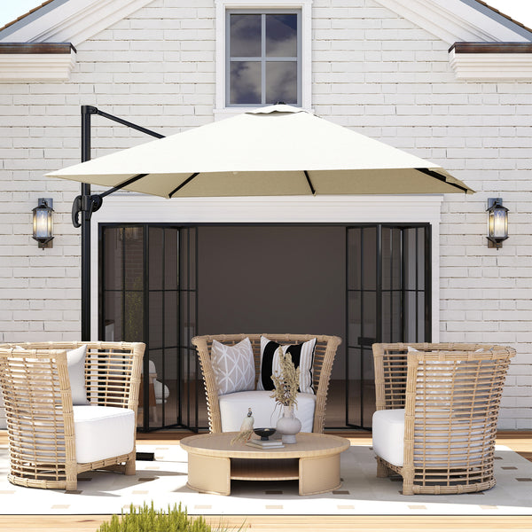 Parasol déporté carré inclinable manivelle avec pied en acier dim. 2,5L x 2,5l m alu. polyester haute densité crème