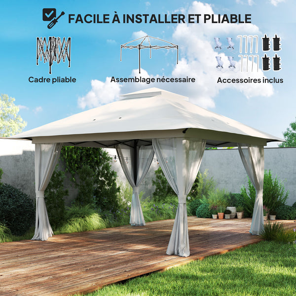 Tonnelle de jardin extérieur barnum de jardin pop-up tente pliant 4 x 4 m double toit protection UV 50+ 4 moustiquaires, 4 sacs de sable, 1 sac de transport tissu Oxford métal blanc