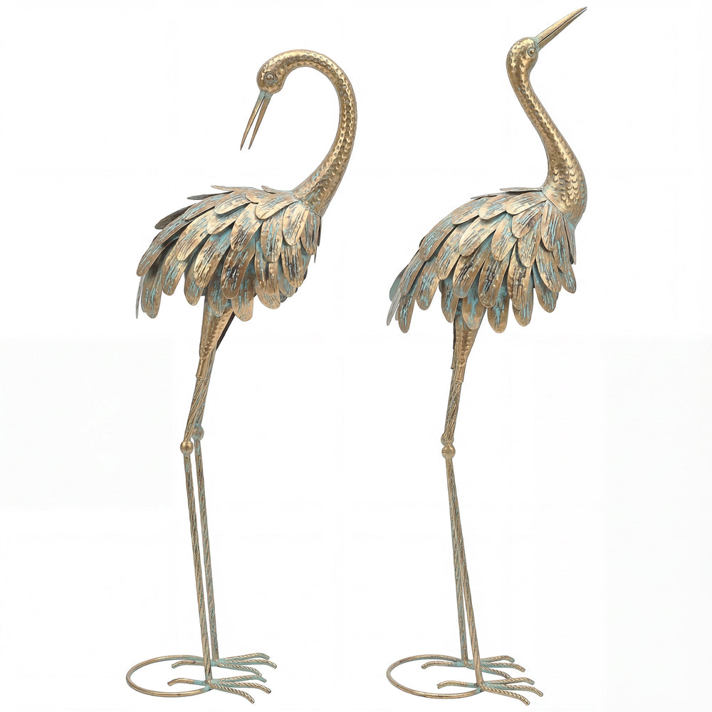 Lot de 2 Statues de Jardin, Sculpture de Héron en Métal, Statues d'oiseaux 91/95cm, pour Cour, Étang, Terrasse, or/bleu