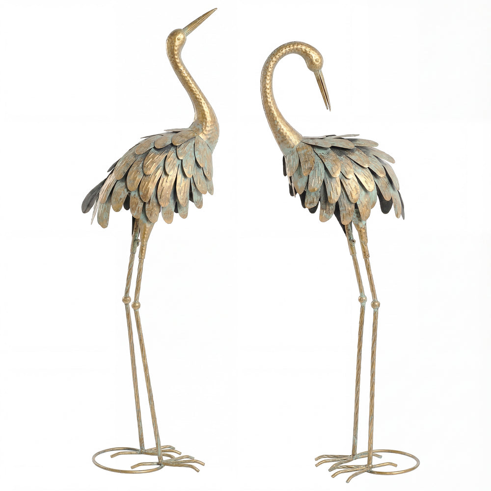 Lot de 2 Statues de Jardin, Sculpture de Héron en Métal, Statues d'oiseaux 91/95cm, pour Cour, Étang, Terrasse, or/bleu