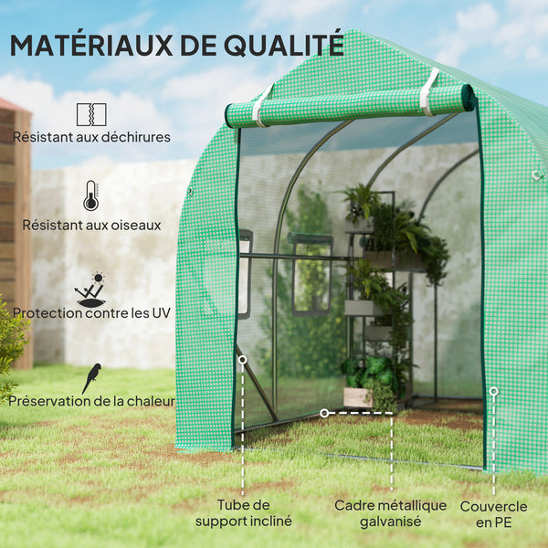 Serre de jardin tunnel, serres tunnel 6 m², avec 6 fenêtres et porte à fermeture éclair, toile PE structure en fer galvanisé, vert