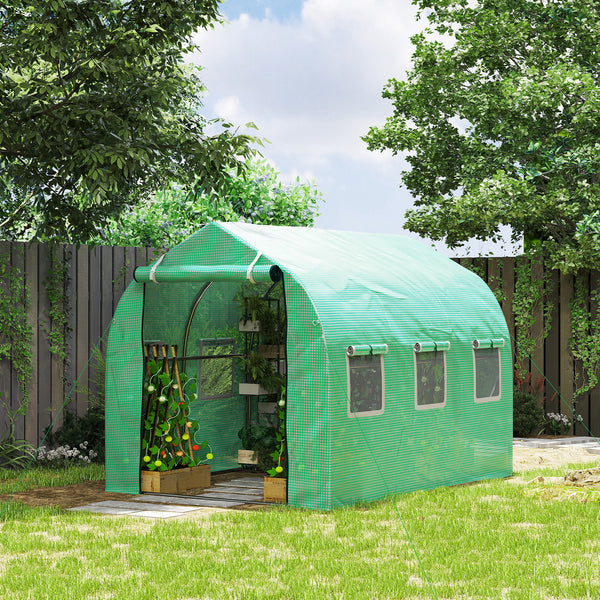 Serre de jardin tunnel, serres tunnel 6 m², avec 6 fenêtres et porte à fermeture éclair, toile PE structure en fer galvanisé, vert