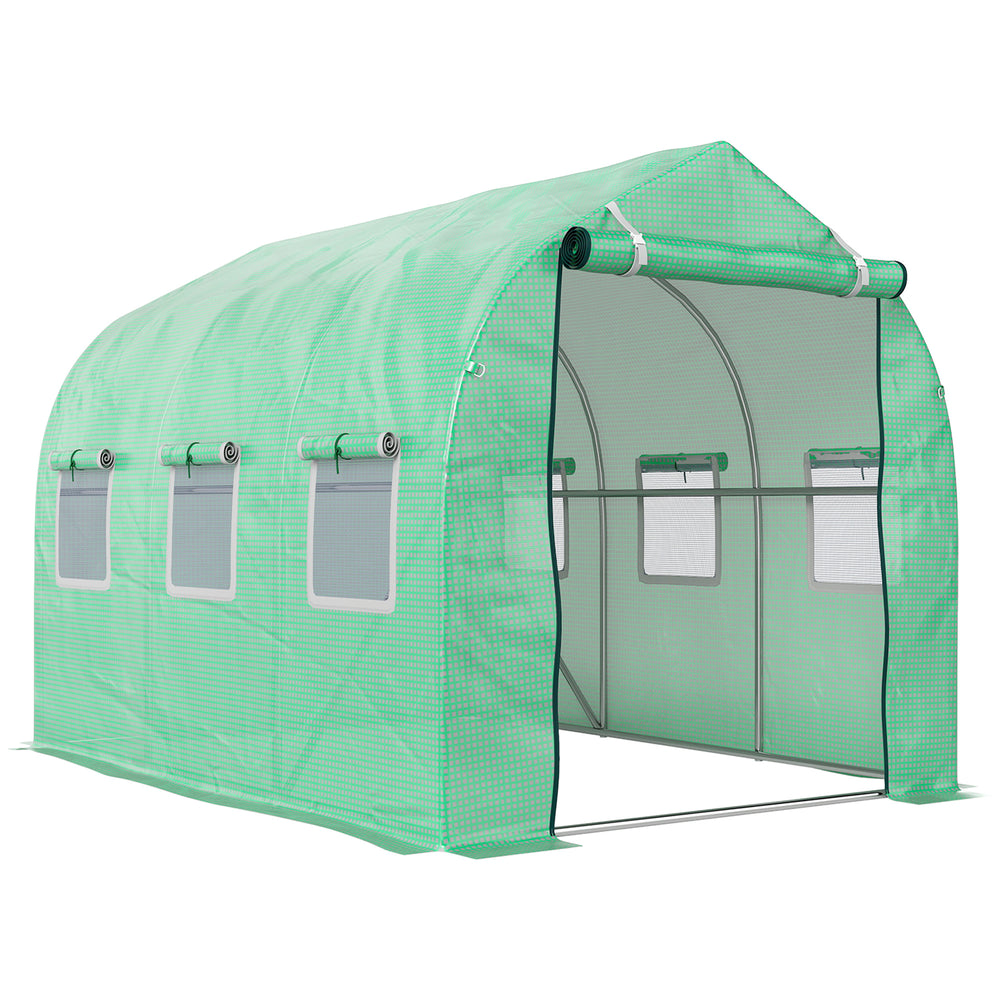 Serre de jardin tunnel, serres tunnel 6 m², avec 6 fenêtres et porte à fermeture éclair, toile PE structure en fer galvanisé, vert