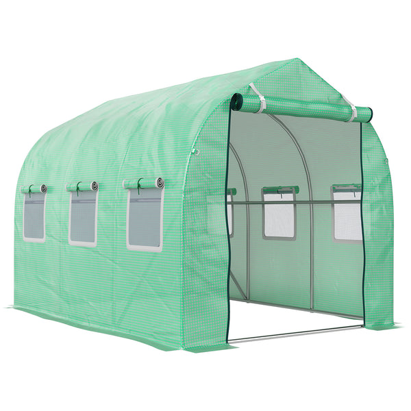 Serre de jardin tunnel, serres tunnel 6 m², avec 6 fenêtres et porte à fermeture éclair, toile PE structure en fer galvanisé, vert