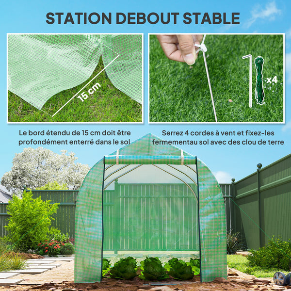 Serre de jardin tunnel, serres tunnel 6 m², avec 6 fenêtres et porte à fermeture éclair, toile PE structure en fer galvanisé, vert