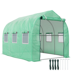 Serre de jardin tunnel, serres tunnel 6 m², avec 6 fenêtres et porte à fermeture éclair, toile PE structure en fer galvanisé, vert