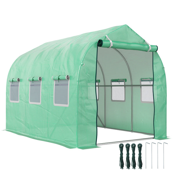 Serre de jardin tunnel, serres tunnel 6 m², avec 6 fenêtres et porte à fermeture éclair, toile PE structure en fer galvanisé, vert