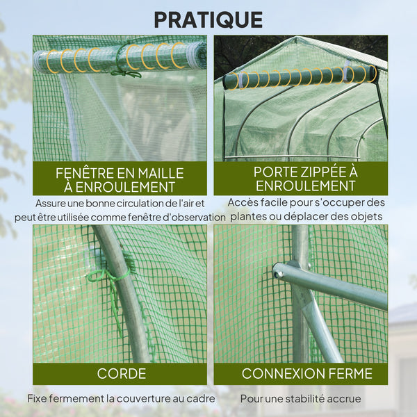 Serre de jardin tunnel, serres tunnel 6 m², avec 6 fenêtres et porte à fermeture éclair, toile PE structure en fer galvanisé, vert